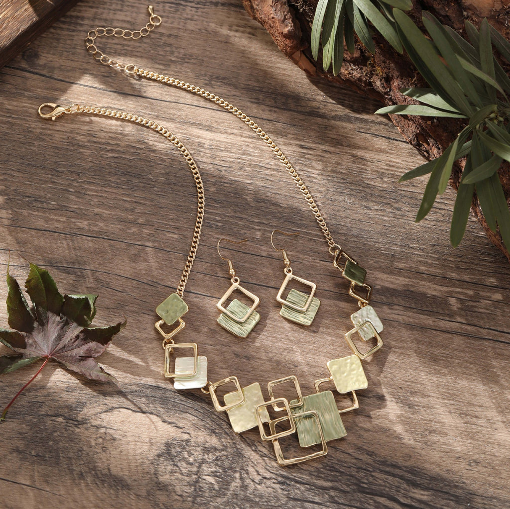 Color Painting Oil Geometric Square Ear Studs Bracelet And Necklace Set