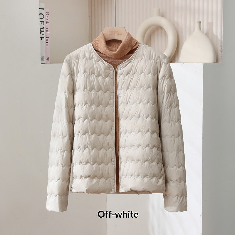 Womens Short Puff Jacket With A Ruffled Crew Neck