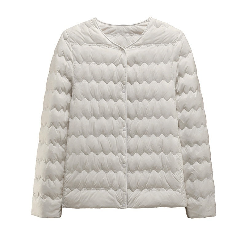 Womens Short Puff Jacket With A Ruffled Crew Neck
