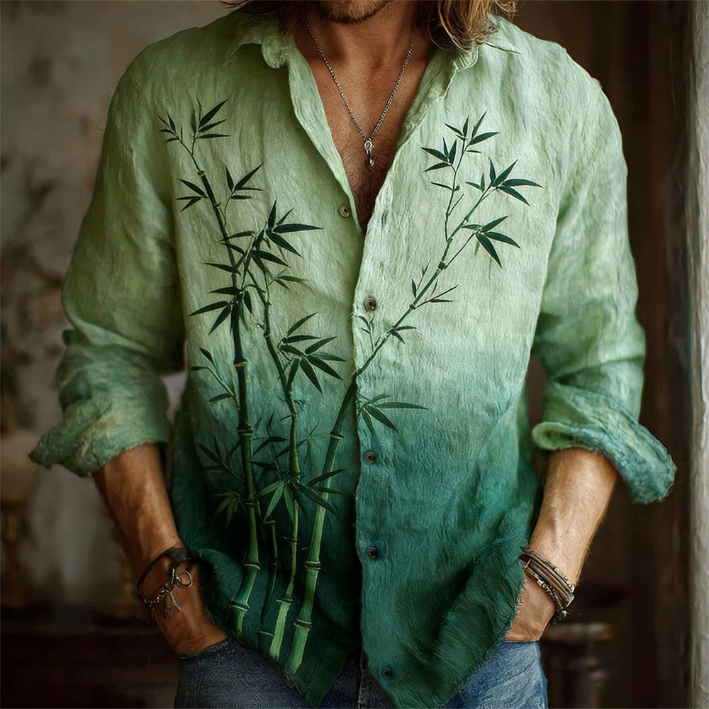 Mens Simple Lapel-Style Printed Long-Sleeve Shirt