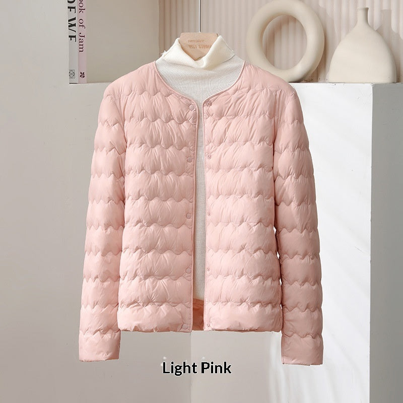 Womens Short Puff Jacket With A Ruffled Crew Neck
