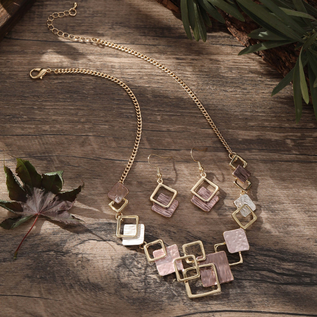 Color Painting Oil Geometric Square Ear Studs Bracelet And Necklace Set