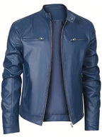 Gentleman's Warm Zipper Cardigan Pocket Decorated Pu Leather Coat