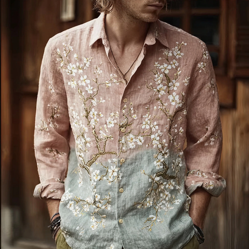Mens Simple Lapel-Style Printed Long-Sleeve Shirt
