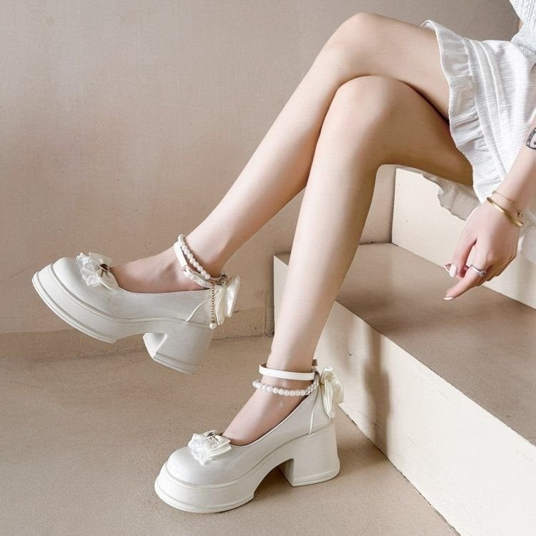 Sweet Pearl Bow Platform Mary Janes 2026 New Lolita Style Chunky Heel Pumps