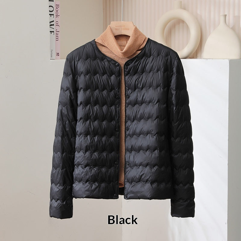 Womens Short Puff Jacket With A Ruffled Crew Neck