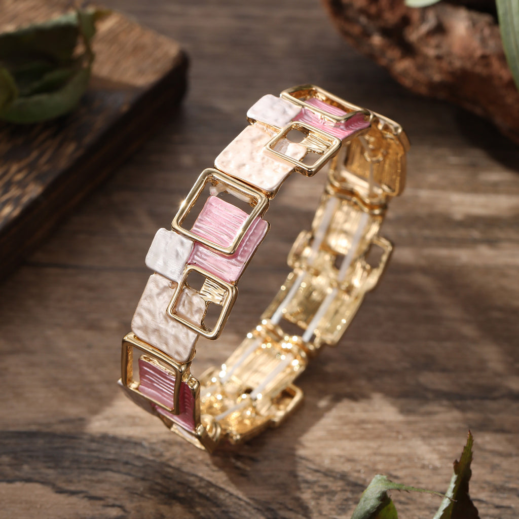 Color Painting Oil Geometric Square Ear Studs Bracelet And Necklace Set
