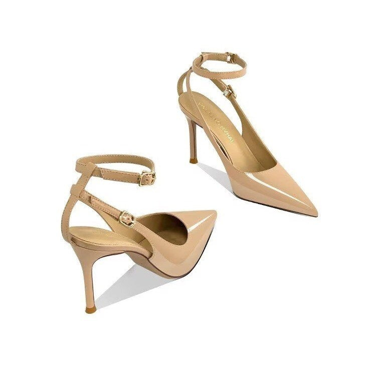 Women's Minimalist European & American Style Pointed Toe Patent Leather Stiletto Sandals, Ankle Strap, Slim Fit, Sexy Nightclub Shoes
