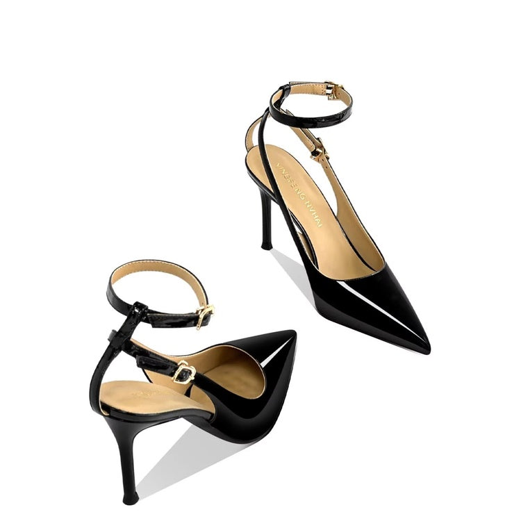 Women's Minimalist European & American Style Pointed Toe Patent Leather Stiletto Sandals, Ankle Strap, Slim Fit, Sexy Nightclub Shoes