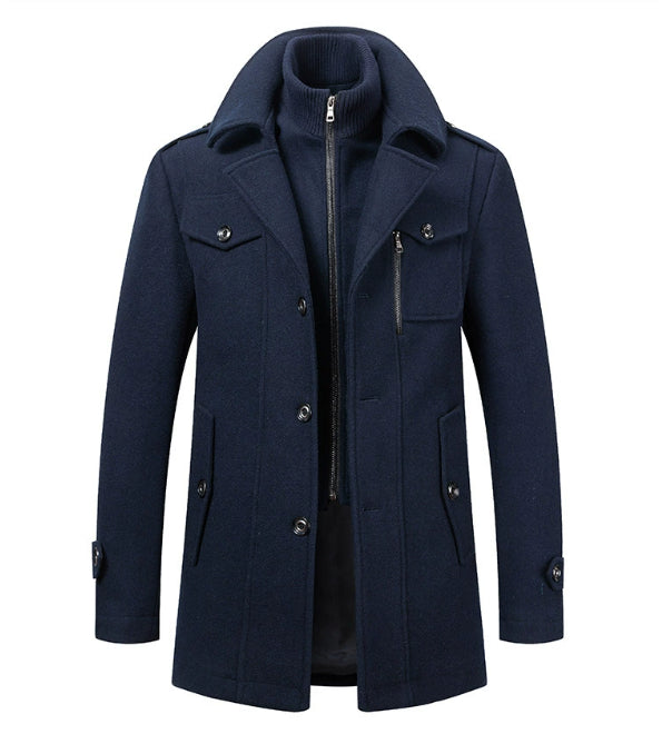 Men's Woolen Coat Double Collar Standard Vertical Zipper Coat Jacket